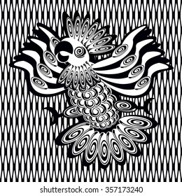 Black-and-white image of a stylized bird, made up of geometric shapes and curls parrot on seamless background