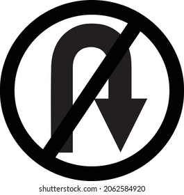 Black-and-white image of a traffic sign prohibiting U-turns to the right by any means. in the street where the sign is installed