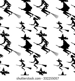 Black-and-white image of a witch on a broomstick. Seamless background.