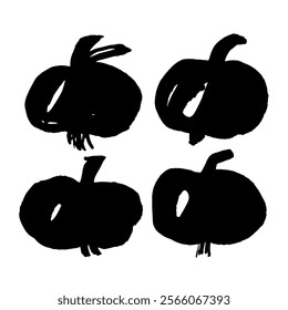 Black-and-white ink drawings of apples in a simplistic, hand-drawn aesthetic. The naive lines and decorative elements highlight the unpretentious nature of the artwork.