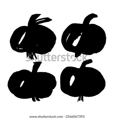 Black-and-white ink drawings of apples in a simplistic, hand-drawn aesthetic. The naive lines and decorative elements highlight the unpretentious nature of the artwork.