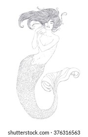Black-and-white ink Sketch of the mermaid. Hand drawn Vector illustration.