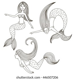 Black-and-white ink Sketch of the mermaid. Hand drawn black and white sketch