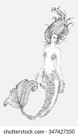Black-and-white ink Sketch of the mermaid. Vector illustration.