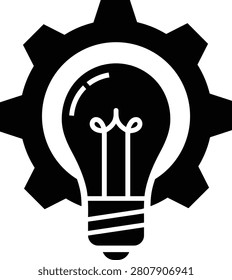 Black-and-white lightbulb with internal filament and mechanical gear outline monochrome