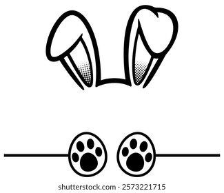 Black-and-white line art illustration of bunny ears and paws with a playful and minimalist design. Perfect for Easter-themed or animal-related creative projects.