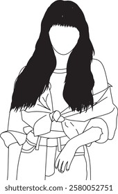 A black-and-white line art illustration depicting a faceless woman with long hair. She is dressed in a tied casual shirt and pants, creating a chic and minimalist style.