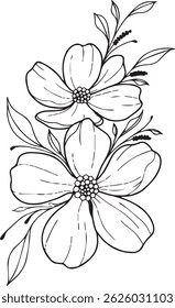 black-and-white line art illustration of a floral arrangement. The design should feature three large flowers
