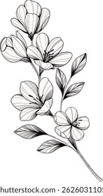 black-and-white line art illustration of a floral arrangement. The design should feature three large flowers
