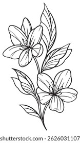 black-and-white line art illustration of a floral arrangement. The design should feature three large flowers
