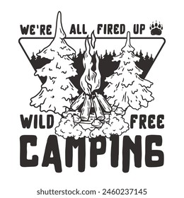 Black-and-white line art illustration inspires camping enthusiasts, featuring a campfire, mountains, and trees, encapsulating the spirit of outdoor adventure and freedom in nature.