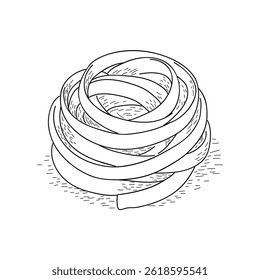 Uma ilustração em preto-e-branco de um ninho de massa fettuccine. Os fios lisos, em forma de fita, são enrolados livremente em um feixe circular, capturando o aspecto clássico da massa italiana artesanal em 