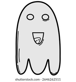 black-and-white line art illustration of a smiling ghost character with round eyes and a wide mouth. Suitable for kids’ crafts, coloring pages, Halloween decorations, or icon design.