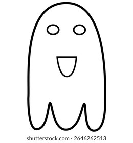 black-and-white line art illustration of a smiling ghost character with round eyes and a wide mouth. Suitable for kids’ crafts, coloring pages, Halloween decorations, or icon design.