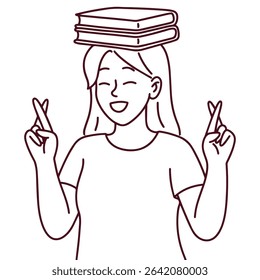 Black-and-white line art of a smiling girl showing peace signs with a stack of books balanced on her head, representing positivity and academic balance