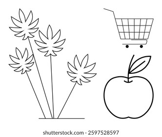 Black-and-white line art of three plants, a shopping cart, and an apple with a leaf. Ideal for themes of nature, shopping, healthy eating, minimalism, and eco-friendly designs. Simple minimalistic