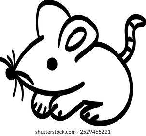 Black-and-white line drawing of a cartoon mouse with large ears, round body, and a striped tail.