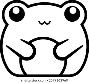 Black-and-white line drawing of a cute, cartoon-style frog with large, round eyes and a small smiling mouth. The frog has a chubby body and short, rounded limbs, giving it a friendly appearance.