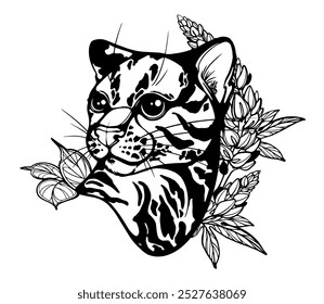 Black-and-white line drawing of a cat’s head with detailed stripes, surrounded by decorative leaves and plants