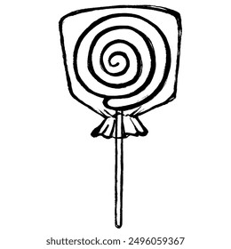 Black-and-white line drawing illustration of a lollipop in a bag with a touch of brush