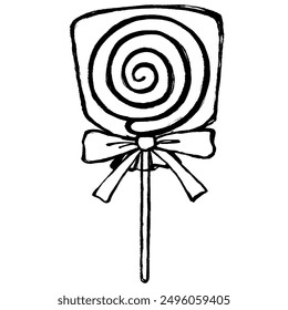 Black-and-white line drawing illustration of a lollipop in a bag with a ribbon with a touch of brush