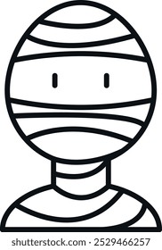 Black-and-white line drawing of a stylized mummy figure with an oval head, vertical line eyes, and bandages wrapping around the body.