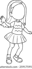 A black-and-white line drawing of a young girl in a playful pose. 