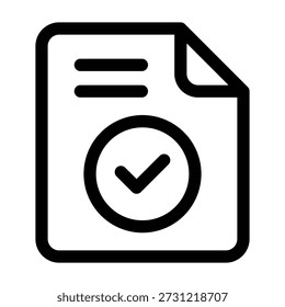 Ein schwarz-weißes Liniensymbol eines Dokuments mit einer gefalteten Ecke oben rechts, in der ein Kreis mit einem Auswahlkästchen angezeigt wird. Diese Grafik stellt die Genehmigung, den Aufgabenabschluss, den überprüften Status, die unterzeichneten Verträge und die erfolgreiche Verarbeitung dar.