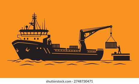Black-and-white line illustration of a container ship docked at a port, with a crane lifting a shipping container. Worker stands on platform overseeing operation against a bright orange background. Minimalist style emphasizes industrial shipping and logistics.