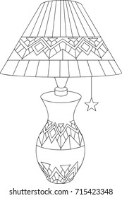 Black-and-white linear art of a table lamp with decorative ornaments