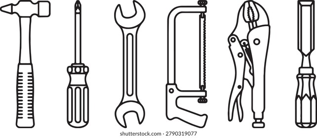 Blackandwhite linedrawing illustration of various handtools on transparent background