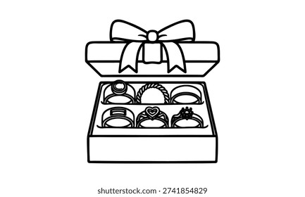 Blackandwhite linedrawing of opened jewelry gift box with rings