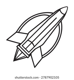 Blackandwhite linedrawing of a rocketship flying through a circularmotion simpleminimalistcartoonstyle illustration