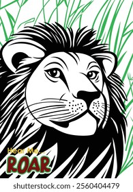 Black-and-white lion illustration with green grass background and powerful wildlife theme
