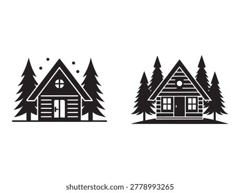 Blackandwhite log cabins with pine trees and smoke coming out of one of the chimneys in a simple flat illustration style on white background