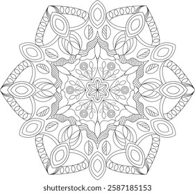 Black-and-white Mandala vector featuring intricate floral and geometric patterns. Ideal for coloring books, wall art, tattoos, fabric prints, stationery, digital backgrounds, and mindfulness art.