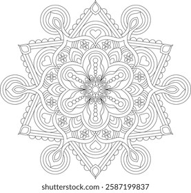 Black-and-white Mandala vector featuring intricate floral and geometric patterns. Ideal for coloring books, wall art, tattoos, fabric prints, stationery, digital backgrounds, and mindfulness art.