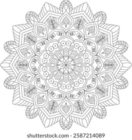 Black-and-white Mandala vector featuring intricate floral and geometric patterns. Ideal for coloring books, wall art, tattoos, fabric prints, stationery, digital backgrounds, and mindfulness art.