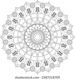 Black-and-white Mandala vector featuring intricate floral and geometric patterns. Ideal for coloring books, wall art, tattoos, fabric prints, stationery, digital backgrounds, and mindfulness art.