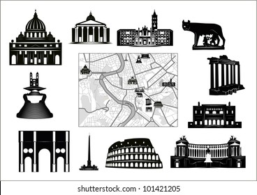 Black-and-white map of Rome with hallmarks as marked on it as separated.