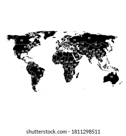 black-and-white map of the world showing the distribution of population by continent