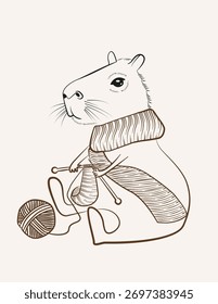 Um esboço ilustrativo minimalista em preto-e-branco de uma capivara vestindo um cachecol acolhedor. O animal está sentado em uma superfície, envolvido em tricô, criando uma atmosfera quente e amigável. O estilo é linha