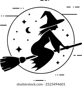 A black-and-white minimalist vector of a witch flying on a broomstick with a moon and stars in the background. Perfect for Halloween or mystical-themed designs.