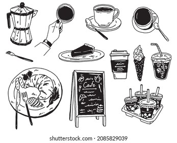 Black-and-white, monotone, and line drawing illustrations.Handwritten, milk, cafe, lunch, coffee, dessert.