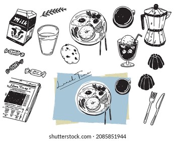 Black-and-white, monotone, and line drawing illustrations.Handwritten, milk, cafe, lunch, coffee, dessert.	
