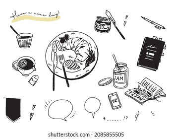 Black-and-white, monotone, and line drawing illustrations.Handwritten, milk, cafe, lunch, coffee, dessert.	
