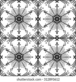 Black-and-white openwork seamless pattern for Halloween with spiders and cobwebs