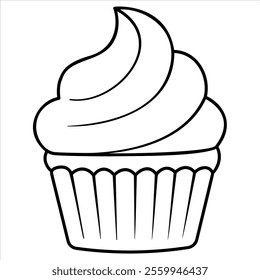 A black-and-white outline of a cupcake featuring smooth, swirled frosting and a classic cupcake liner. Perfect for coloring pages, kids' activities, bakery-themed designs, and DIY craft projects.