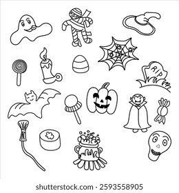 Ilustração em estilo doodle em preto-e-branco com um conjunto com tema de Halloween. Personagens de desenhos animados divertidos: uma abóbora, um vampiro, uma múmia, um morcego e outros elementos assustadores