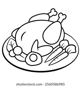 A black-and-white outline drawing of a roast chicken placed on a plate, accompanied by carrots, leafy greens, and an egg slice. Ideal for coloring activities or simple illustrations.